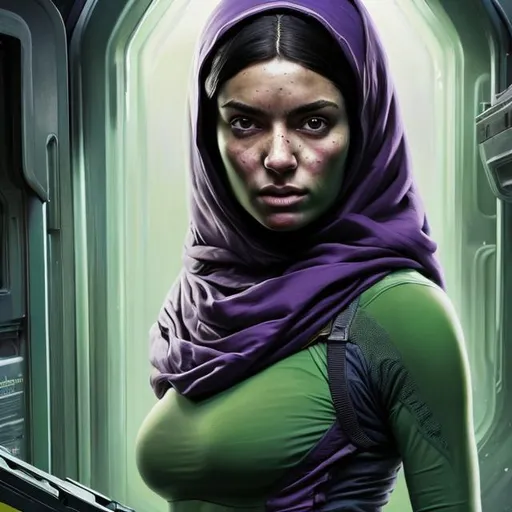 Prompt: Oil painting of a woman with Iranian features and dark hair in a head scarf, pretty face, In futuristic storage bay, wearing futuristic dark green body protection vest over whole torso,  purple leggings, perfect composition, hype realistic, super detailed, 8k, high quality, trending art, trending on artstation, sharp focus, studio photo, intricate details, highly detailed, by greg rutkowski