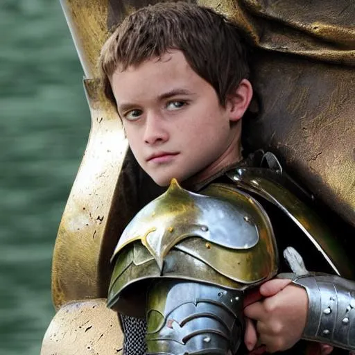 Prompt: a beautiful looking young knight with green eyes and brown hair in green metal armor steers a ship on the way to valyria