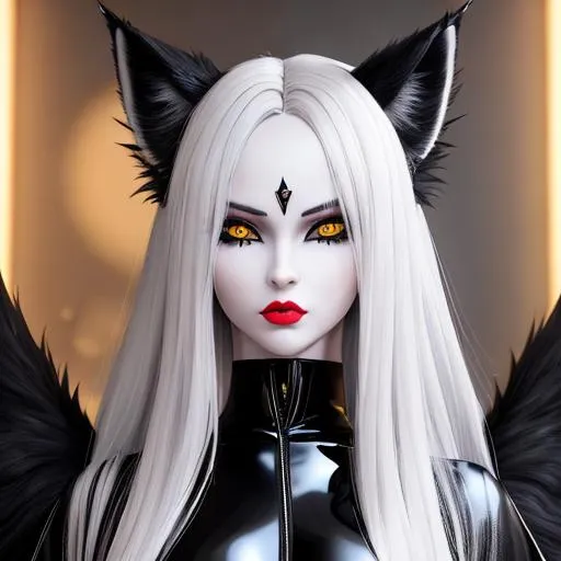 Prompt: A demon evil girl, vixen, full body pose, black sclera, yellow cat eyes, big gray lynx ears, big wide blonde long hair, no fringe, forehead showing, pale skin, sharp jaw, hyperrealistic eyes, hyperrealistic nose, hyperrealistic lips, ethereal, divine, goddess, black latex outfit, intricate facial detail, high quality, detailed face, intricate quality, hyperrealistic full body pose, hyperrealistic ethereal, highly detailed concept art, high resolution scan, hd octane render, intricate detailed, highly detailed face, unreal engine, trending on artstation, UHD, 8k, Very detailed