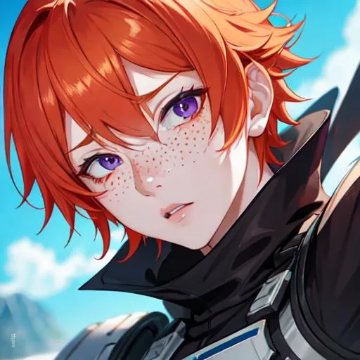 Prompt: Erikku male adult (short ginger hair, freckles, right eye blue left eye purple) UHD, 8K, Highly detailed, insane detail, best quality, high quality, anime style