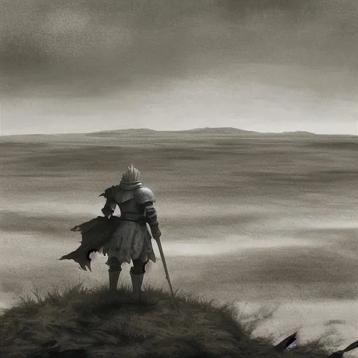 Prompt: Lone knight on a desolate battlefield