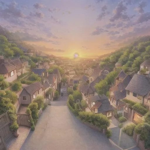 Prompt: a beautiful two story house in a beautiful village, illustrated, dawn, sunrise