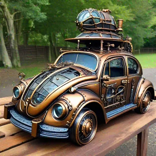 Prompt: A VW beetle made out of glass and cast iron, steampunk