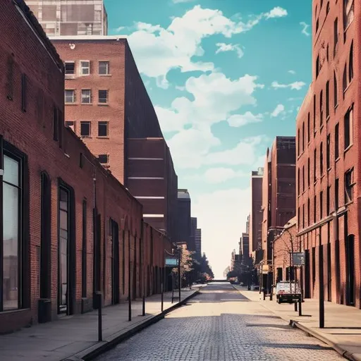 Prompt: 1970s tall brick buildings black road 1970s black cars on busy street city background birds eye veiw Light blue sky nice weather city background realistic high quality 4k