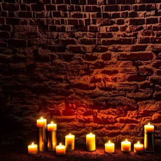 Prompt: winery background cave brick wall with crawling leaves with a few candles abstrait  dark night
