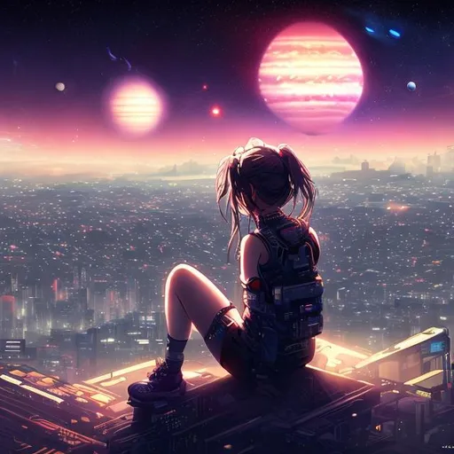 Prompt: Girl sitting on a hill overlooking the sky, stars planets jupiter, cyberpunk style