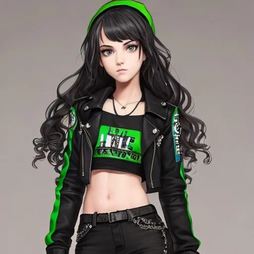 Prompt: An insanely beautiful girl around 16 years old. punk clothes. perfect anatomy, symmetrically perfect face. perfect grey eyes. beautiful short black with green highlights wavy hair. no extra limbs or hands or fingers or legs or arms.