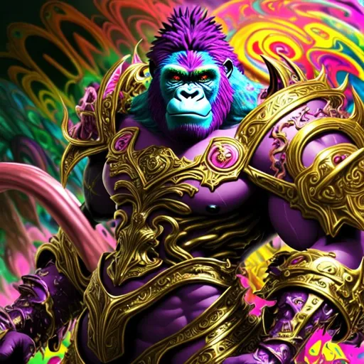 Prompt: beautiful freeform colorful chaos epic bold, 3D, HD, {one}({liquid metal {Gorilla}Man dressed as Warrior} with {purple gold pink green red silver blood}ink), expansive psychedelic background --s99500