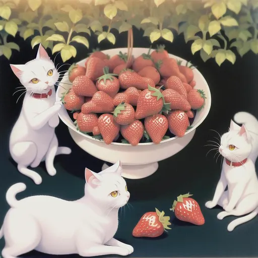 Prompt: a white cat eating strawberries
