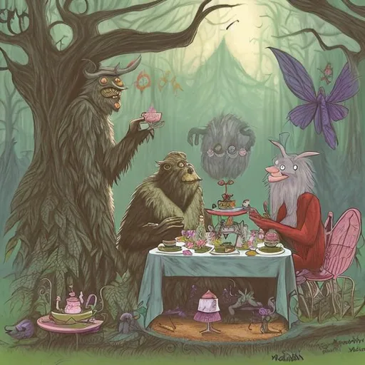 Prompt: mothman and Bigfoot having a tea party in a magical forest