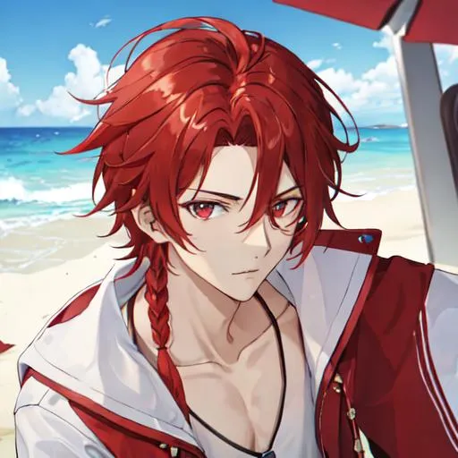 Prompt: Zerif 1male (Red side-swept hair covering his right eye) at the beach