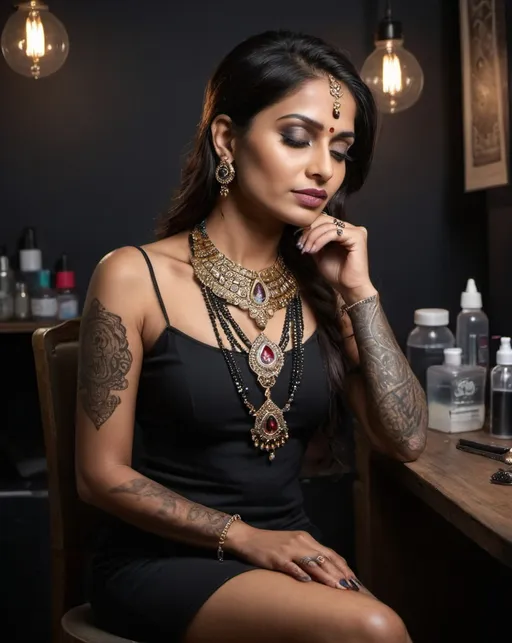 Prompt: Luxury Necklace, dark background, commercial photograph, professional, highly detailed Indian women with costumer on chair , doing work in tattoo studio, fair Indian men's 