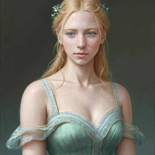 Prompt:  Portrait of a beautiful  French Woman with Blonde hair and Fair skin with a beautiful face.  Green eyes. Freckles. In a long Blue dress. perfect composition, hyperrealistic, super detailed, 8k, high quality, trending art, trending on artstation, sharp focus, studio photo, intricate details, highly detailed, by greg rutkowski