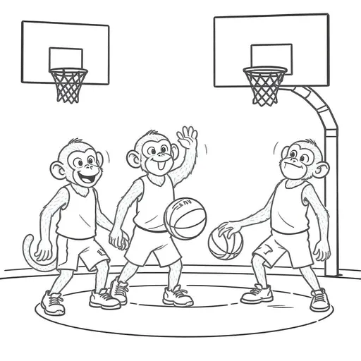 Prompt: create a black and white outline image of monkeys playing basketball that is colorable can you make sure they all have the correct number of arms/ legs