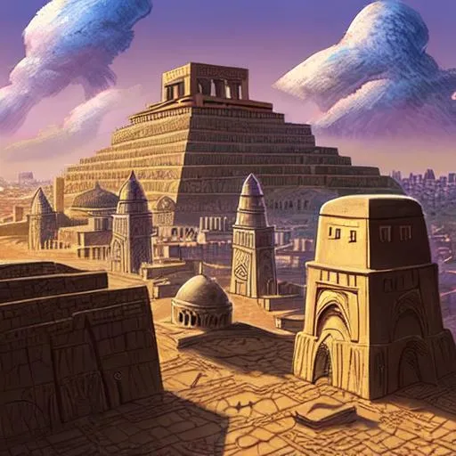Prompt: A vast middle eastern city with a great ziggurat in background. D&D art, RPG art. Fantasy Art. Pathfinder Art