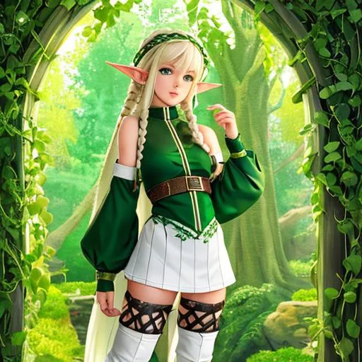 Prompt: 1 twink, cute elf merchant covered in green vines, white braided hair, thigh high socks, leather boots, highest quality, attention to detail, rpg, anime style
