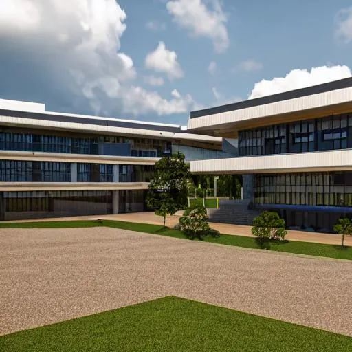 Prompt: Modern neo classique inspired university campus Congolese architecture with precolonial congolese art inspiration and Congolese minerals, volumetric natural light, ultra realistic, vray,  hd