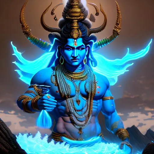 Prompt: Massive Lord Shiva standing in tidal dark tsunami, armed with traditional Hindu trishul weapon, battle stanced, bearded, blue skin, glowing tattoos, hd, hyperrealism, glowing eyes, powerful aesthetic, unreal engine render, fantasy art 4k, ultra HD render, 4k digital art, 4k digital photography, intricately detailed, cultural detail to weapons and jewelry, God aesthetic, perfection 