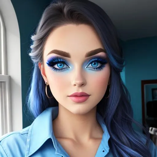 Prompt: A woman all in blue, blue eyes, pretty makeup