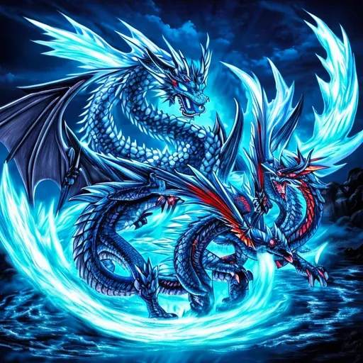 Prompt: blue ice dragon fighting red fire dragon

