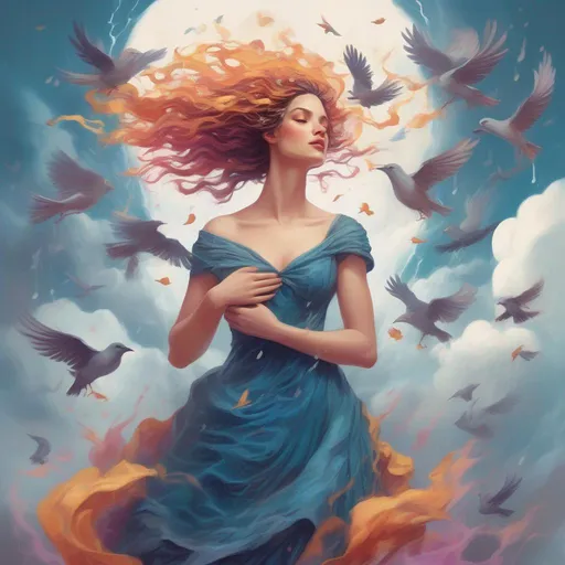 Prompt: A colourful and beautiful Persephone with rain dripping from her hair, wearing a flowing ballgown made of clouds, surround by clouds and birds in a painted style controlling lightning with her hands