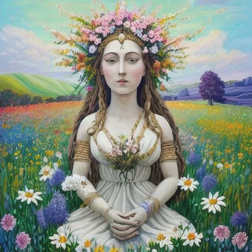 Prompt: A painting of a goddess in a field of flowers 