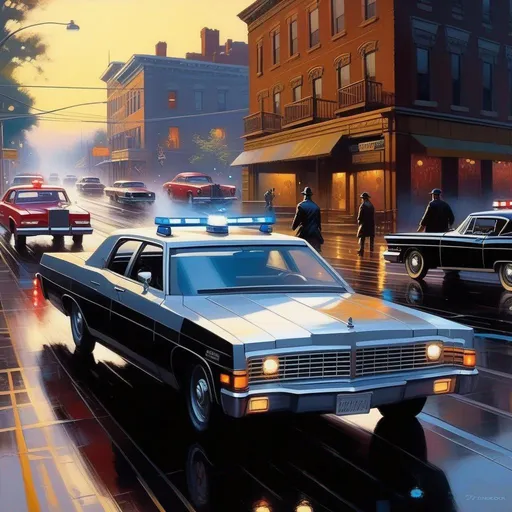 Prompt: Watch Dogs, car chase, cops, cartoony, rainy atmosphere, extremely detailed painting by Greg Rutkowski and by Henry Justice Ford and by Steve Henderson