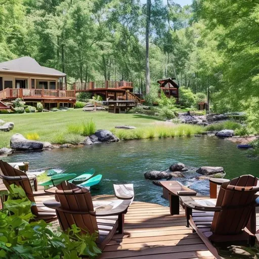 Prompt: a beautiful backyard by a river with a kayak and paddle board and Adirondack chairs