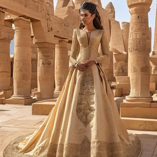 Prompt: A women's wedding dress with heritage and pharaonic inscriptions in golden color and pharaonic inscriptions mixed with the modern cut