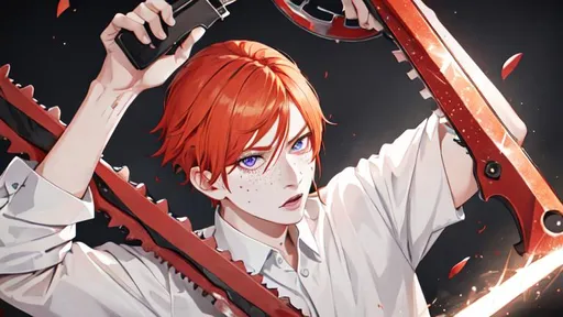 Prompt: Erikku male (short ginger hair, freckles, right eye blue left eye purple) UHD, 8K, Highly detailed, insane detail, best quality, high quality. As the godfather, mafia, crime lord, holding a chainsaw