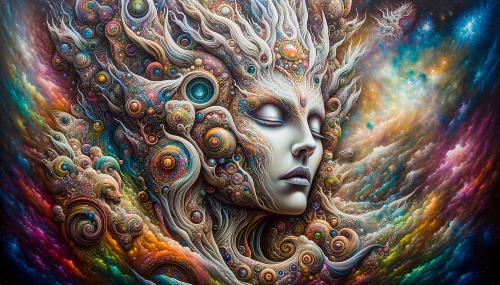 Prompt: Oil painting of a majestic goddess inspired by psytrance music and culture. Her facial features are intricately detailed, capturing every emotion. The surrounding environment is a colorful blend of realism and fantasy, with each element meticulously crafted, reflecting the fantastic grotesque style.