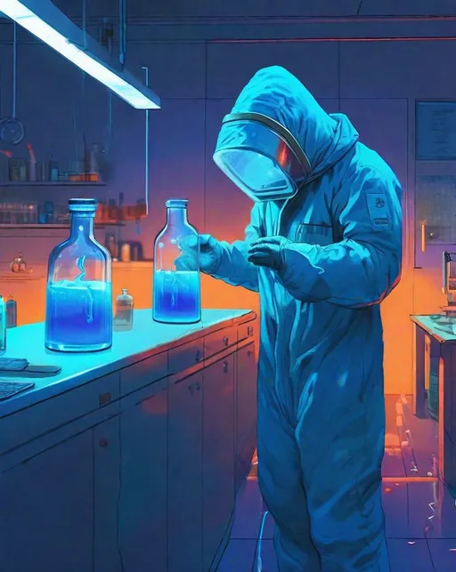 Prompt: In a sleek high-tech laboratory, a scientist makes a breakthrough discovery, holding up a (glowing:1.2) vial of blue liquid up to the light as eerie (neon:0.6) reflections dance across his hazmat suit. In the style of Simon Stålenhag.