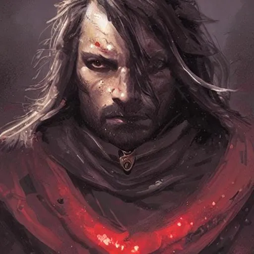 Prompt: a face portrait of a handsome rogue, with long hair, nature ambient, d & d fantasy, ambient lightning, highly detailed, black and red scheme, art by artgem and greg rutkowski