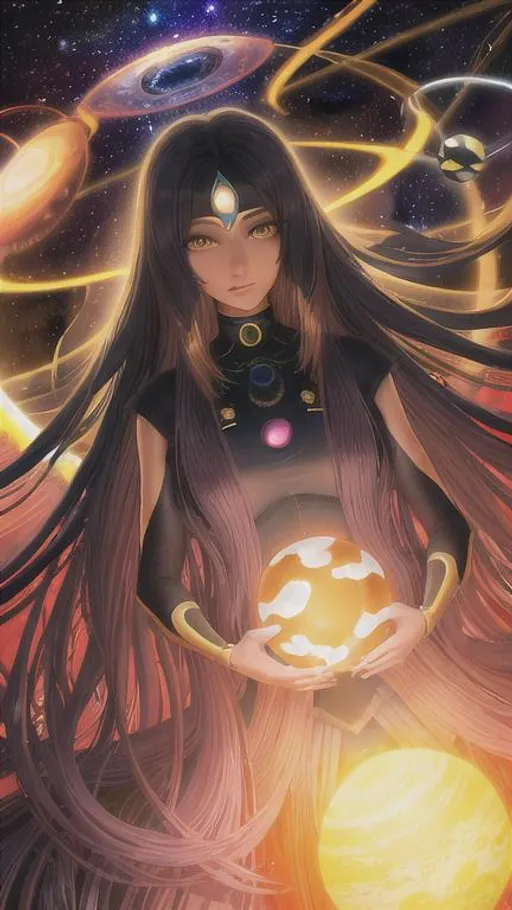 Prompt: Beautiful happy ebony woman with ((abstract long black hair made of planets)), :abstact background with planets:,  black yellow beige coloured planet space hair, detailed face, oil on canvas, radiant, universe cosmic, matte painting, digital painting,  digital illustration,  extreme detail,  digital art,  4k,  ultra hd
