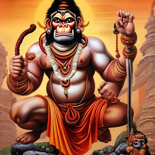 Prompt: Angry lord Hanuman with gadha 