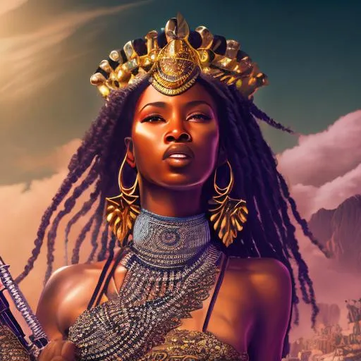 Prompt:  hyperrealistic, super detailed, 8k, high quality, trending art, trending on artstation, sharp focus, studio photo, intricate details, highly detailed, beautiful African female walking powerfully down a hill, pink military uniform, holding a large gun, gang torn city in the background minimalism