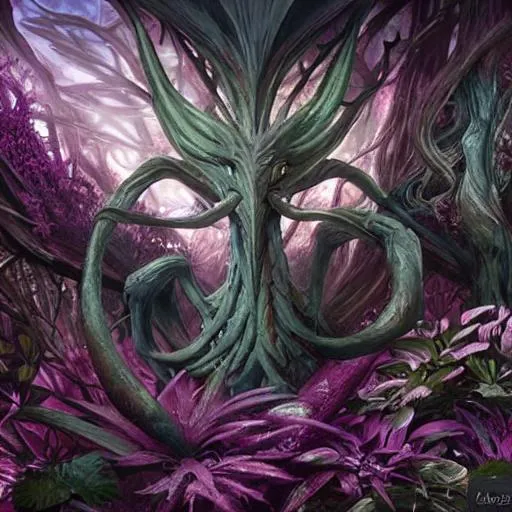 Prompt: awe-inspiring digital art painting of an Eldrazi from MTG, covered in plants, 4k, matte