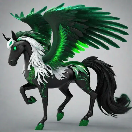 Prompt:  small twisted pegasus animatronic hybrid, with focused emerald eyes. They identify as a Male. Emerald colored feathery wings and tail. dark Green ombre mane and tail. UHD, HD, 4K, green haze, anime style, green and black coat