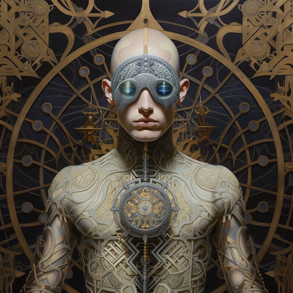 Prompt: a painting depicting a man in front an elaborate triad symbol, in the style of cyberpunk futurism, intricate patterns and details, dino valls, psychedelic color schemes, bryan hitch, scott adams, neo-victorian