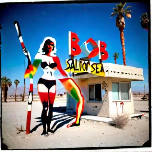 Prompt: at the salton sea a mob of angry   german lesbians vandalize bob solete's art at the derelict palms motel on the salton sea 