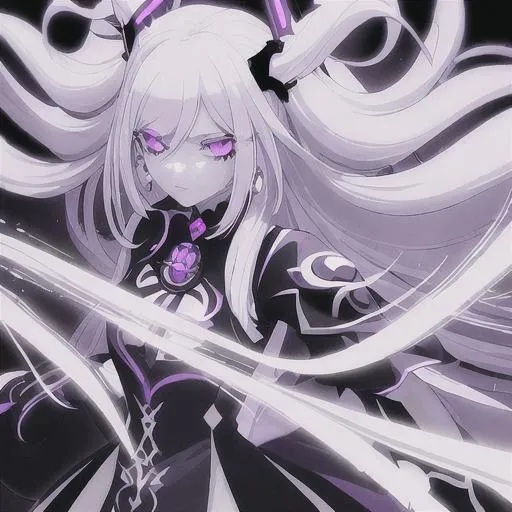 Prompt: (masterpiece), best quality, Genshin Impact Art Style Anime girl,  Monochrome aesthetic, long white hair,  detailed purple eyes,  highly detailed black and white  clothing, Electro vision on earring, no messed up hands, no blurry image, no extra limbs, no cut off hands, full body, detailed backround, 