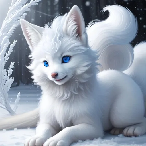 Prompt: 8k, UHD, masterpiece, best quality, trending on artstation, hyperrealistic, {beautiful Vulpix}, epic oil painting, (canine quadruped), innocent curious blue eyes, intricately detailed snow white fur, large blunt blue ears, curious innocent smile, six beautiful wispy tails curled at the tip, fluffy white mane, blue ice fur lighlights, bright silver ambient light, winter wonderland, {auroras} fill the night sky, sharp focus, intricately detailed fur, brilliant detailed eyes, beautifully detailed face, beautifully detailed background, perfect composition, sharp focus, unreal engine, intricately detailed mouth and teeth, by Yuino Chiri, canid, canid body, fox anatomy, fox kit