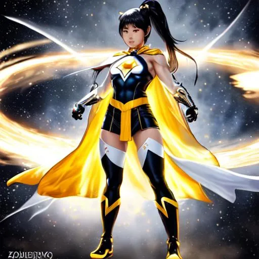 Prompt: UHD, , 8k, high quality, oil painting, hyper realism, Very detailed, zoomed out view of character, full body of character is seen, character portrait that is zoomed out, Japanese female superheroine who is summoning cosmic rays and wearing a white superhero outfit that shows off her arms, she has a black and yellow cape and has black boots and fingerless gloves