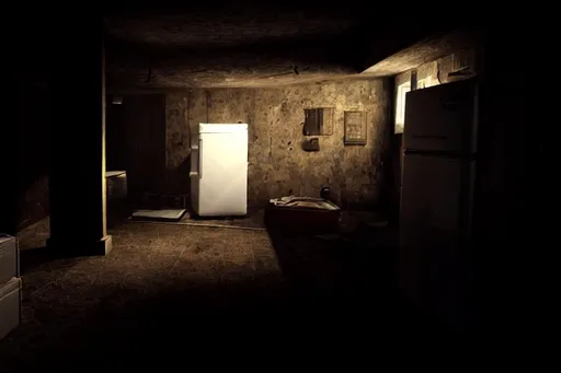 Prompt: fridge slightly open, light illuminating, dark basement Fallout concept art interior render grim, nostalgic lighting, unreal engine 5