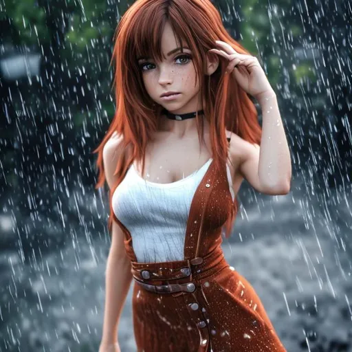 Prompt: 4k high resolution cgi anime modern, full body picture, petite mexican female, age 35, pretty face, light freckles, blonde/brown/red hair, short white dress, low-cut white top, dancing in the rain