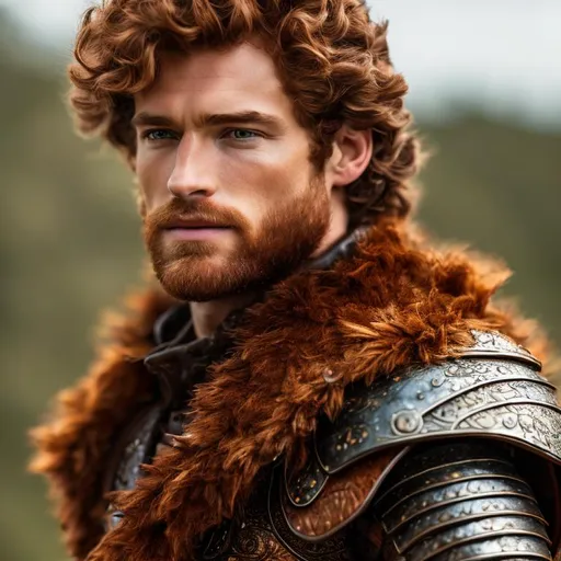 Prompt: UHD, 8K, intricately detailed, portrait photo of a rugged man with very short red/auburn hair and a very short, red/auburn scruffy beard. Highly detailed hazel eyes. Wearing leather armor. centered in frame, 85mm lens, f8, photography, intricate details, very detailed eyes, correct perspective, natural light