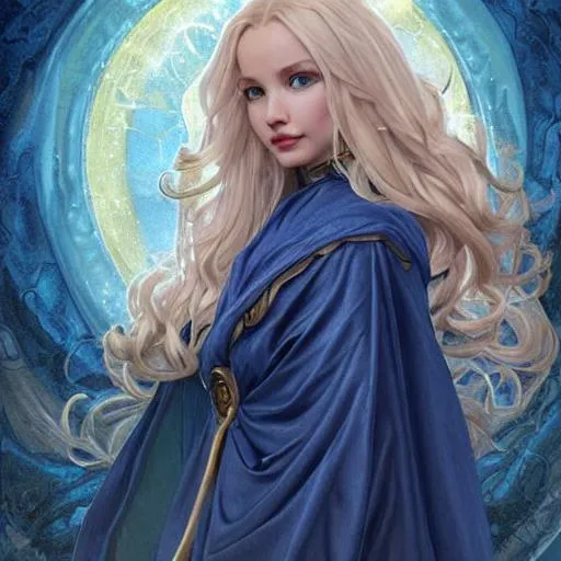 Prompt: beautiful cottagecore mage blonde wavy hair blue eyes dove cameron opening a portal gate, heavy cloak, gold accents, leather jerkin, fantasy character portrait, ultra realistic, intricate, elegant, highly detailed, digital painting, artstaion, smooth, sharp, focus, illustration, art by artgerm and greg rutkowski and alphonse mucha