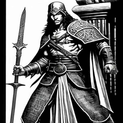 Prompt: Sword & Sorcery, Black & white, old school, rogue, thief, line art, AD&D 2e, show whole figure, old school comic book style, fantasy