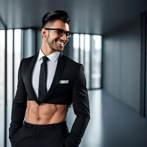 Prompt: a gorgeous 4k hdr photo of an attractive 20-years old extremely long-haired man with a six pack abs and glasses wearing a crop top black long sleeve business suit with a black necktie and black business suit pants, he also has a bare midriff and a bare navel, he is smiling and has his hands on his hips, he is also flexing his abs on his midriff, determined, ((highly detailed)), ((high quality,)), ((vibrant)), ((gradient background )), in style of stock photo