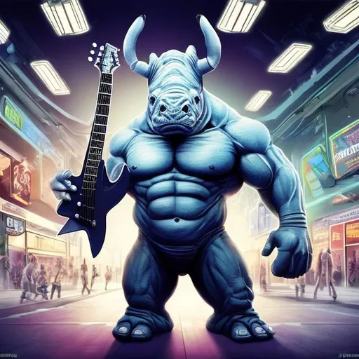 Prompt: Bodybuilding Rhino playing guitar for tips in a busy alien mall, widescreen, infinity vanishing point, galaxy background
